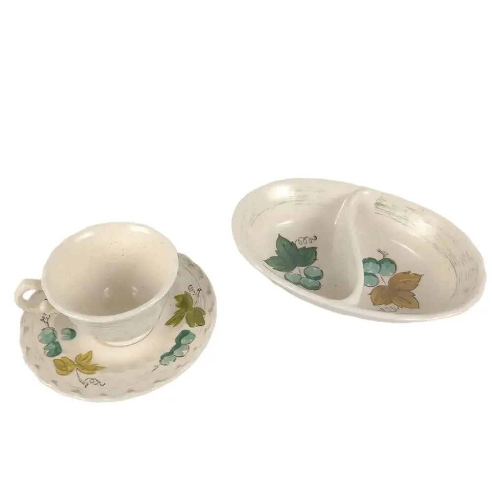 Vtg Metlox Vernonware VINEYARD Divided Jelly Dish Cup & Saucer Set Grapes Leaves